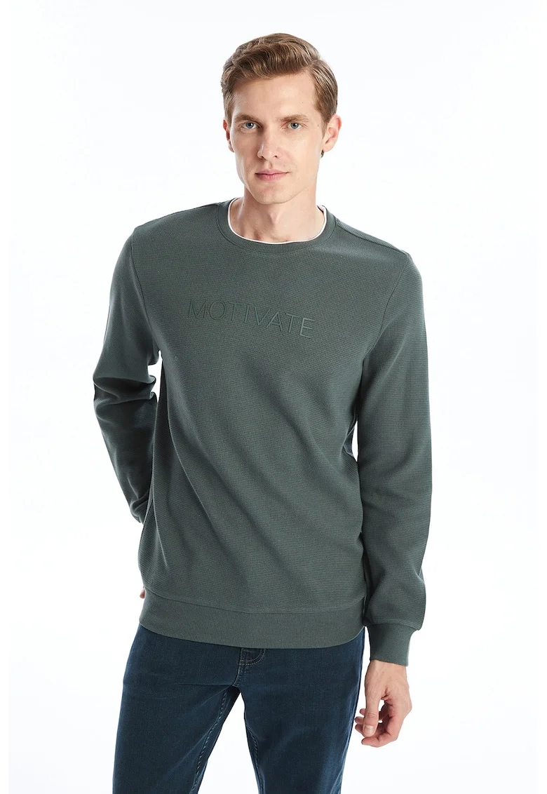 Bluza de trening cu decolteu la baza gatului si aspect texturat, Verde inchis