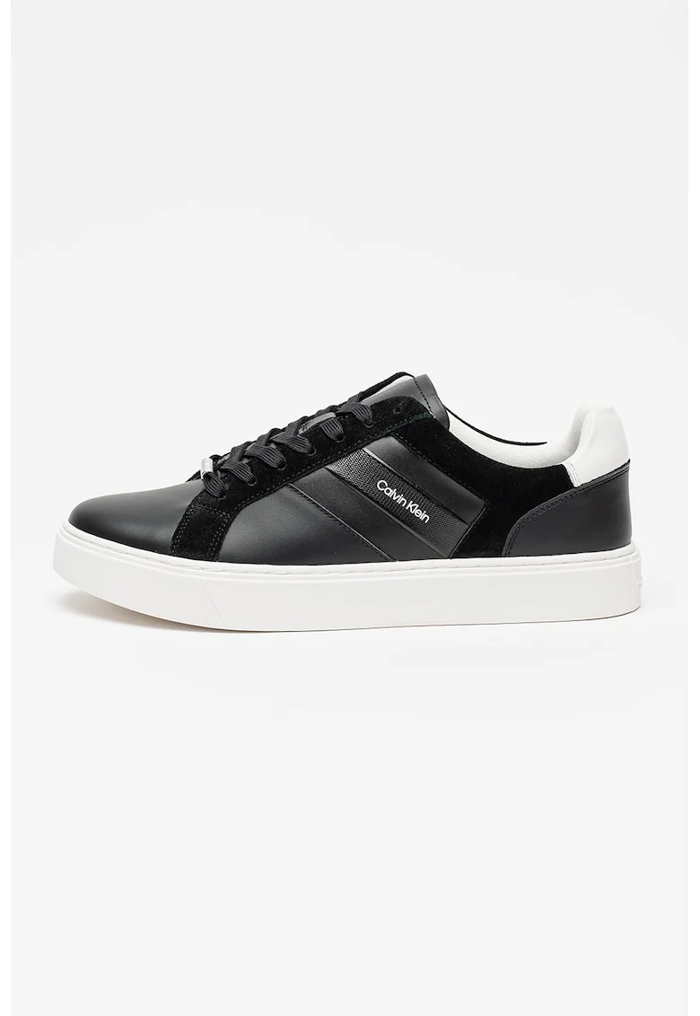 Pantofi sport de piele cu garnituri de piele intoarsa, Negru/Gri carbune