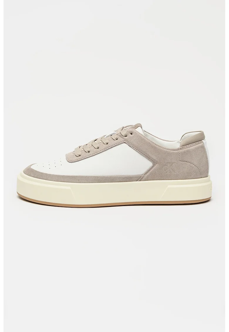 CALVIN KLEIN, Pantofi sport de piele si piele intoarsa cu logo, Alb/Maro taupe deschis