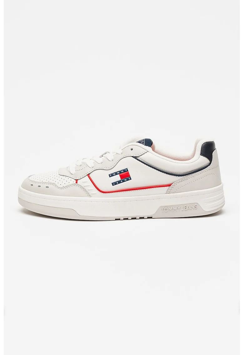 Tommy Hilfiger, Pantofi sport de piele cu garnituri contrastante si talpa cupsole, Alb/Gri deschis/Bleumarin