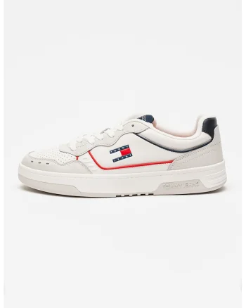 Tommy Hilfiger, Pantofi sport de piele cu garnituri contrastante si talpa cupsole, Alb/Gri deschis/Bleumarin
