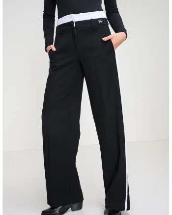 Pantaloni drepti cu benzi laterale contrastante, Alb/Negru