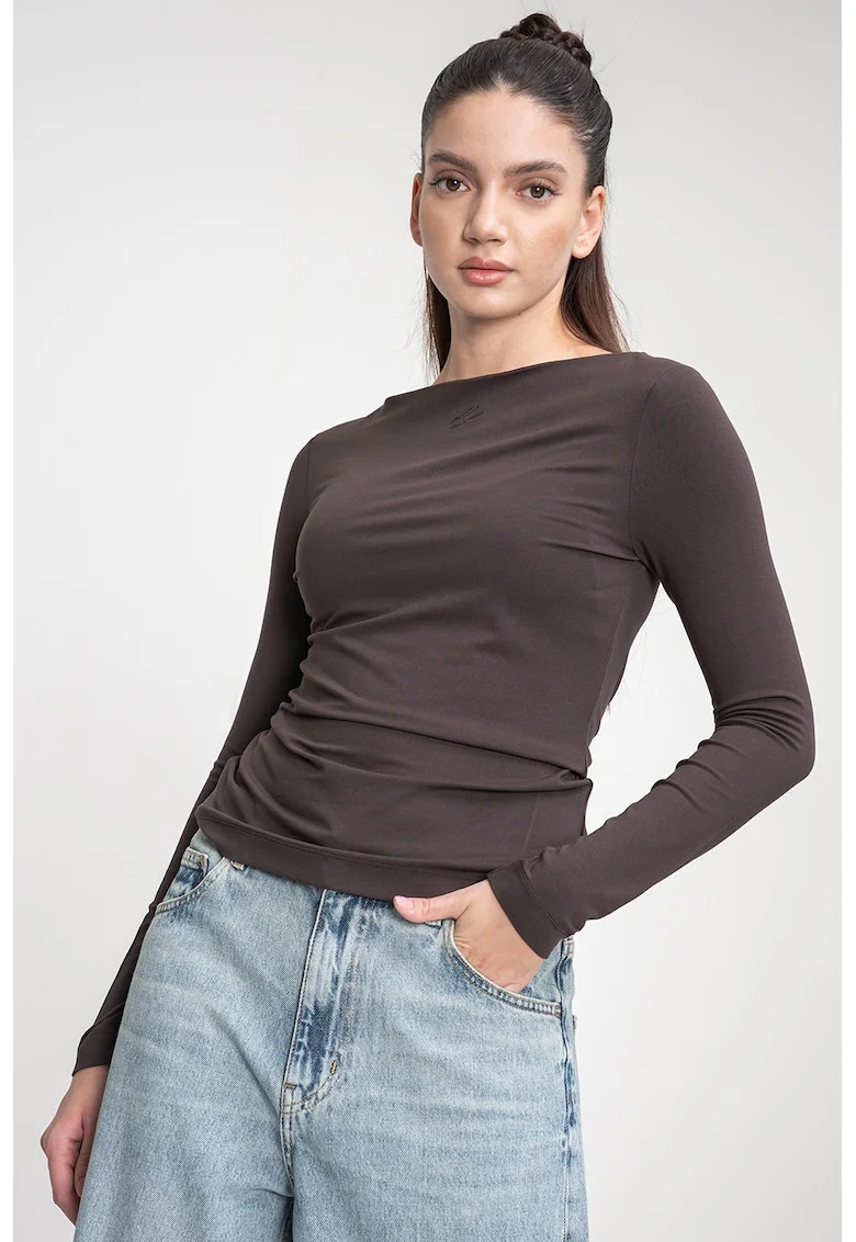 Bluza din amestec de modal cu fronseuri, Maro inchis