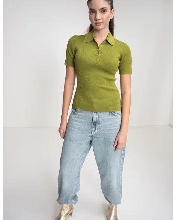 Tricou polo cu insertii de lurex, Verde