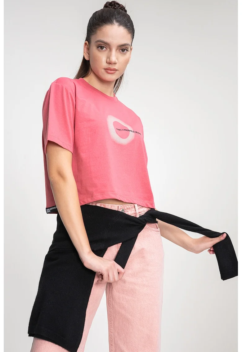 Tricou crop din amestec de bumbac organic cu imprimeu logo, Roz
