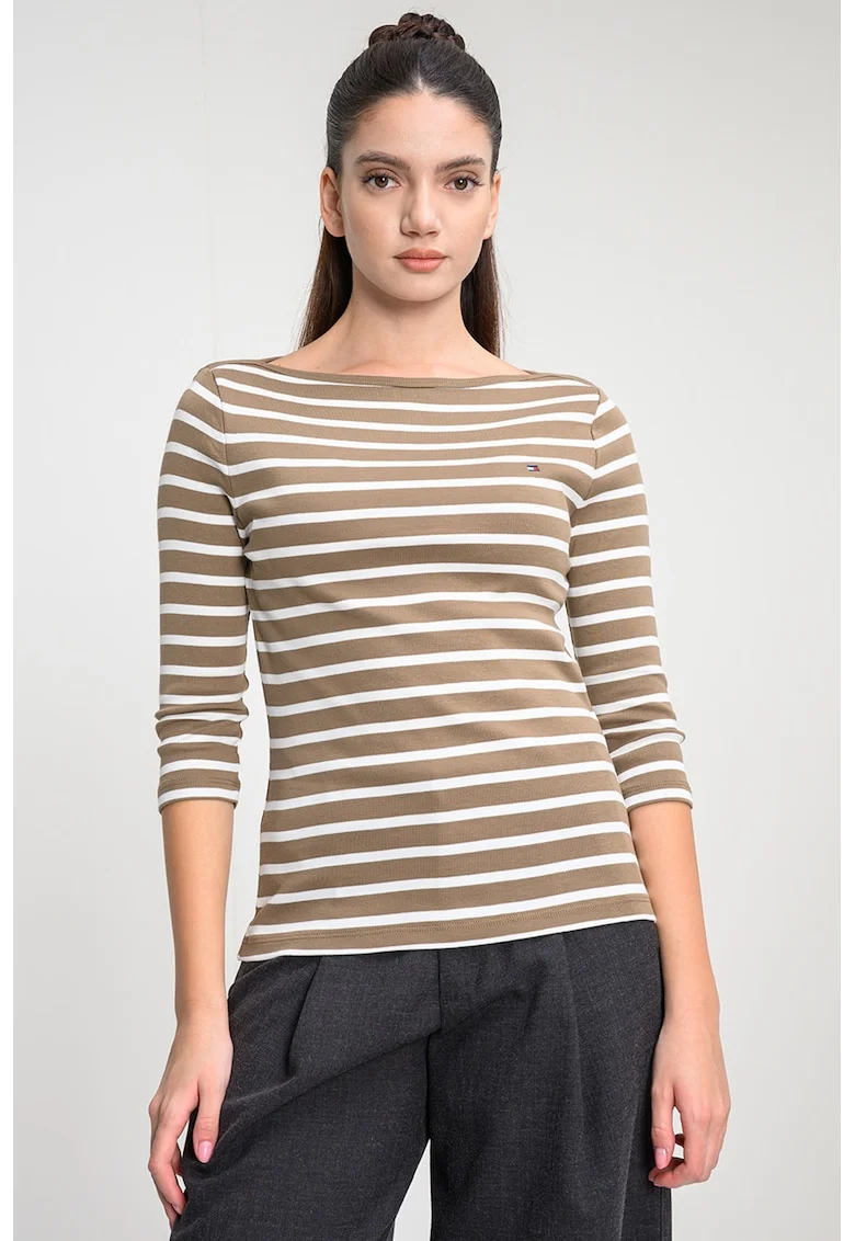Bluza slim-fit de bumbac cu maneci trei sferturi, Alb/Maro inchis