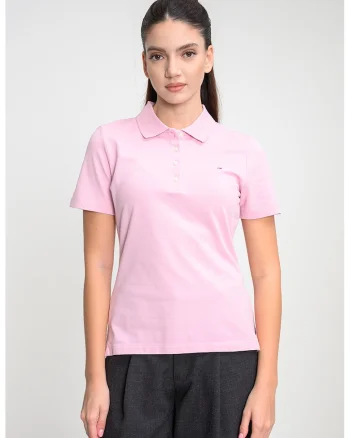 Tricou polo cu croiala slim-fit si logo, Roz