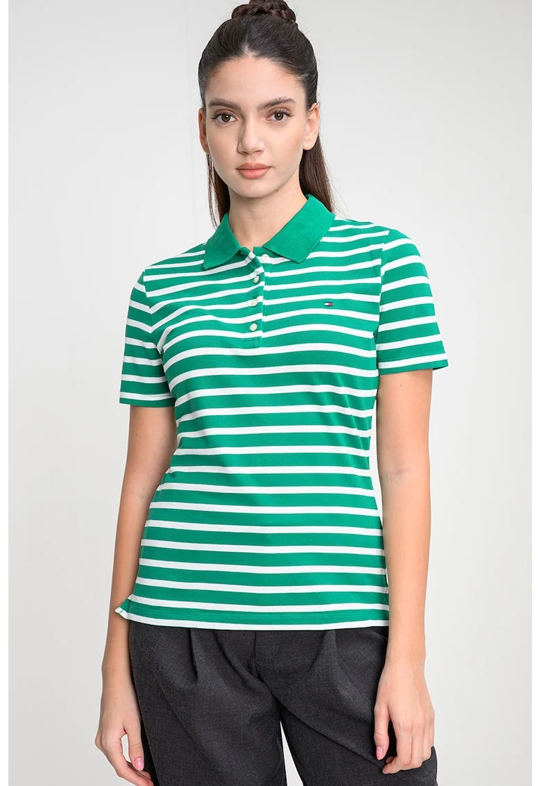 Tricou polo cu croiala slim-fit si logo, Alb/Verde