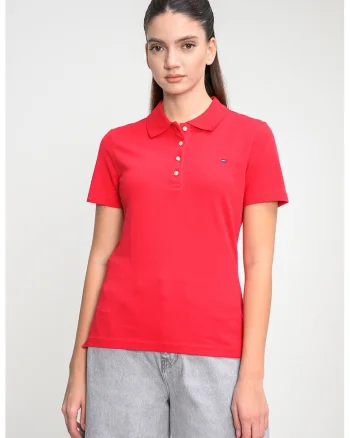 Tricou polo cu croiala slim-fit si logo, Rosu