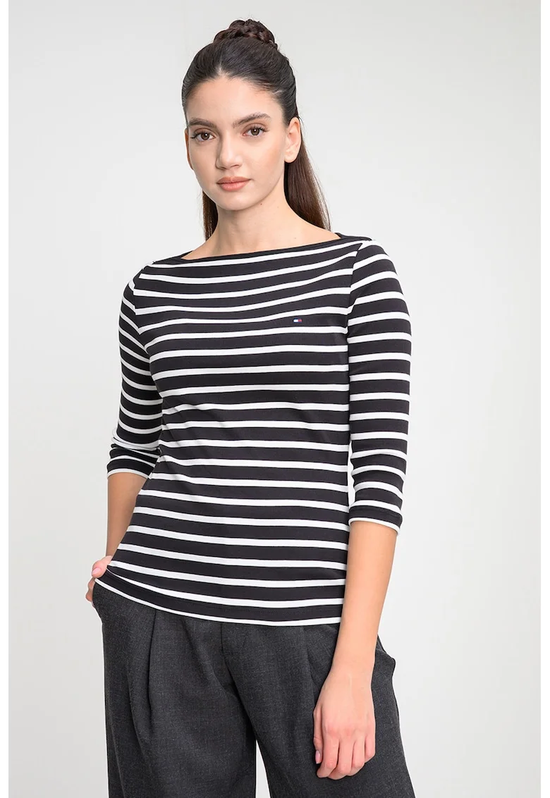Bluza slim-fit de bumbac cu maneci trei sferturi, Alb/Negru