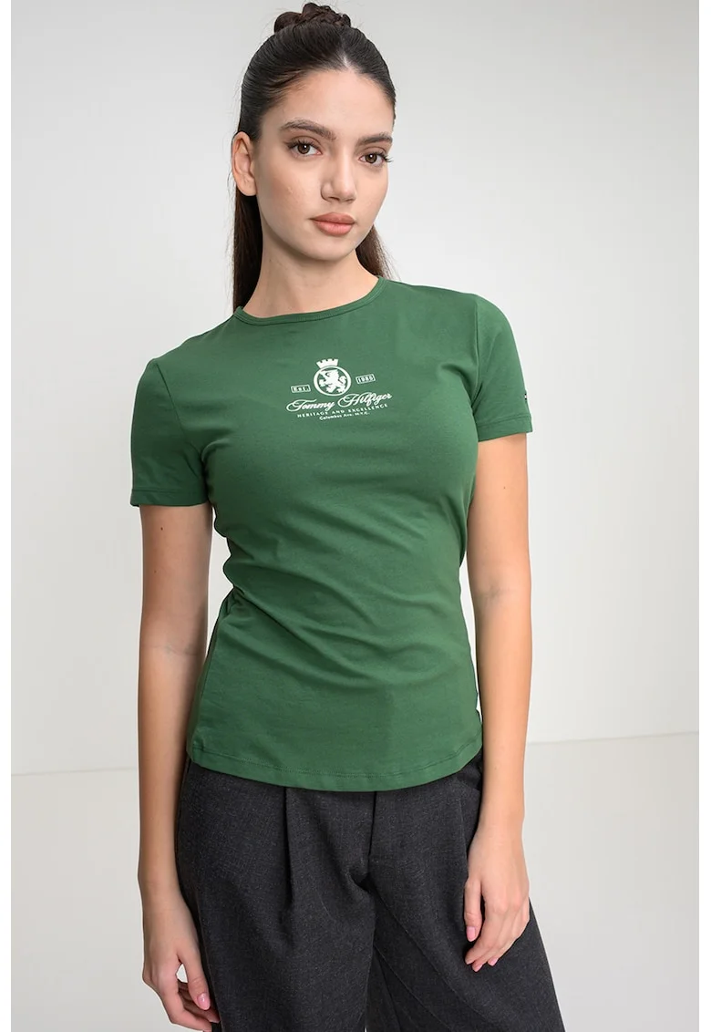 Tricou slim-fit cu decolteu la baza gatului, Verde