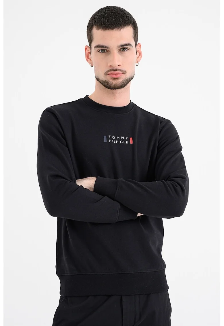 Bluza de trening cu croiala slim-fit, mansete elastice si terminatie, Negru