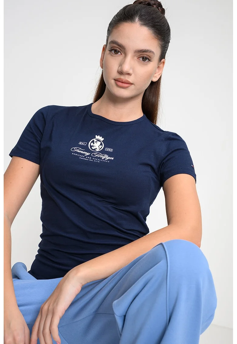 Tricou slim-fit cu decolteu la baza gatului, Alb/Bleumarin