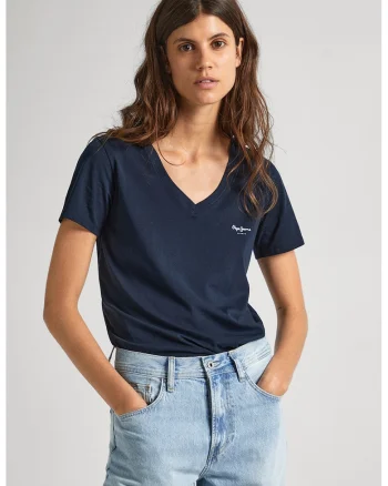 Tricou de bumbac cu decolteu in V Lorette, Bleumarin