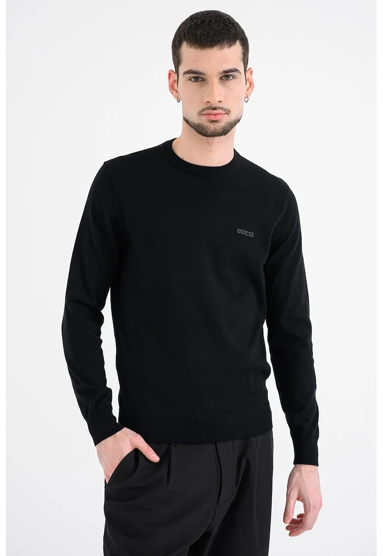 Pulover tricotat fit cu decolteu la baza gatului, Negru