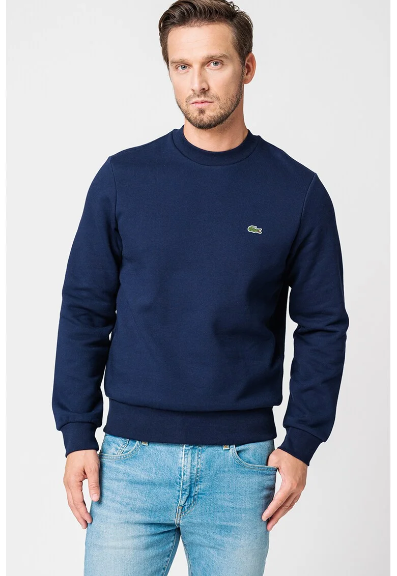 Bluza sport cu decolteu la baza gatului si aplicatie logo, Bleumarin