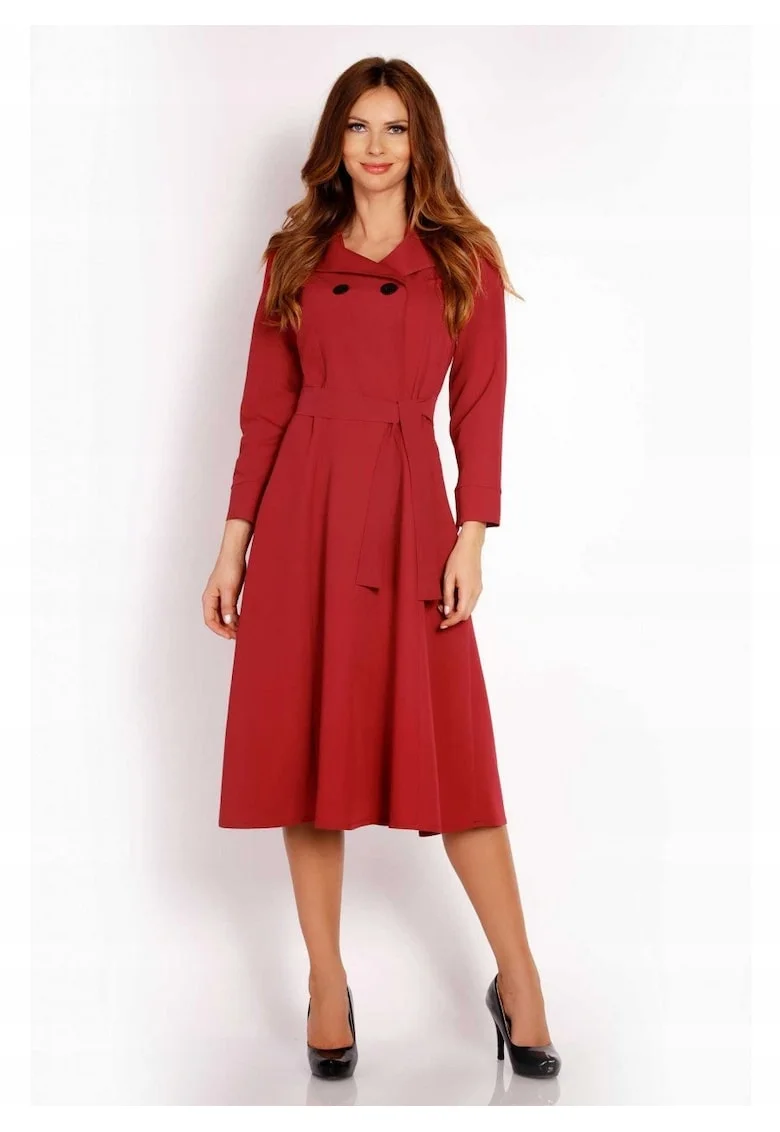 Rochie Dama,  L016, Marime S, Material 60% Poliester, 35% Viscoza, 5% Elastan, Lungime Midi, Maneca Lunga, Curea In Talie, De Inalta Calitate, Rosu