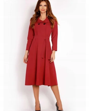 Rochie Dama,  L016, Marime S, Material 60% Poliester, 35% Viscoza, 5% Elastan, Lungime Midi, Maneca Lunga, Curea In Talie, De Inalta Calitate, Rosu