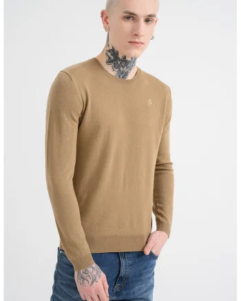 Pulover din lana cu decolteu rotund, Maro camel