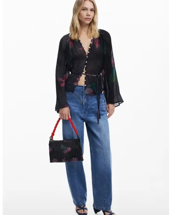 Bluza cu nasturi si maneci evazate, Negru/Roz