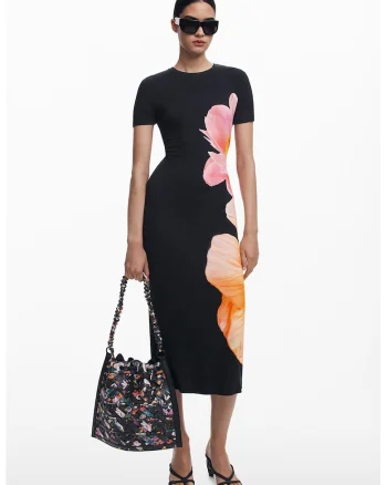 Rochie-tricou cu imprimeu floral, Negru