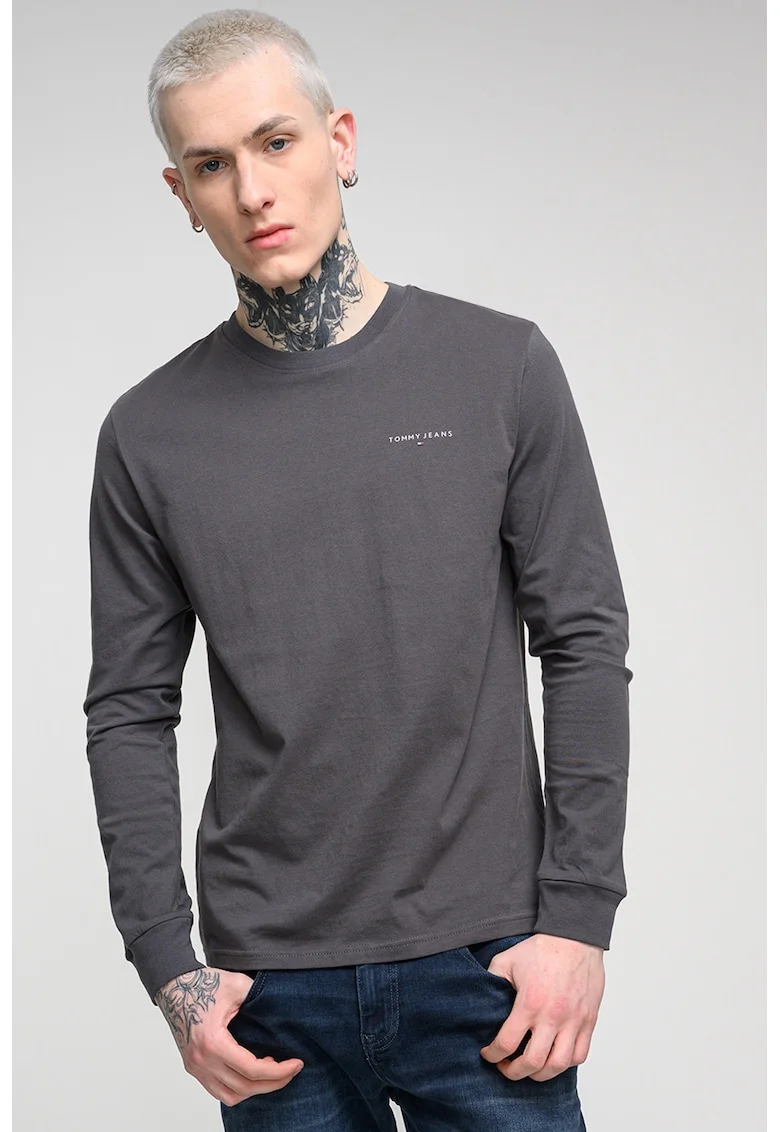 Bluza slim fit cu decolteu la baza gatului, Negru stins