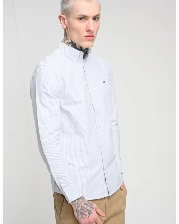 Camasa slim fit cu model in dungi, Alb/Bleumarin