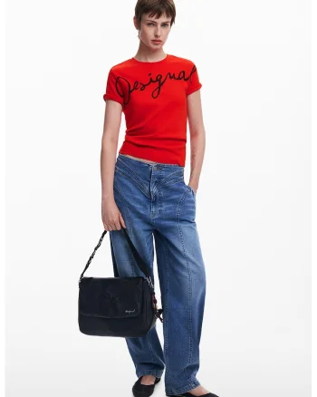Tricou din amestec de bumbac cu decolteu la baza gatului si imprimeu logo, Rosu