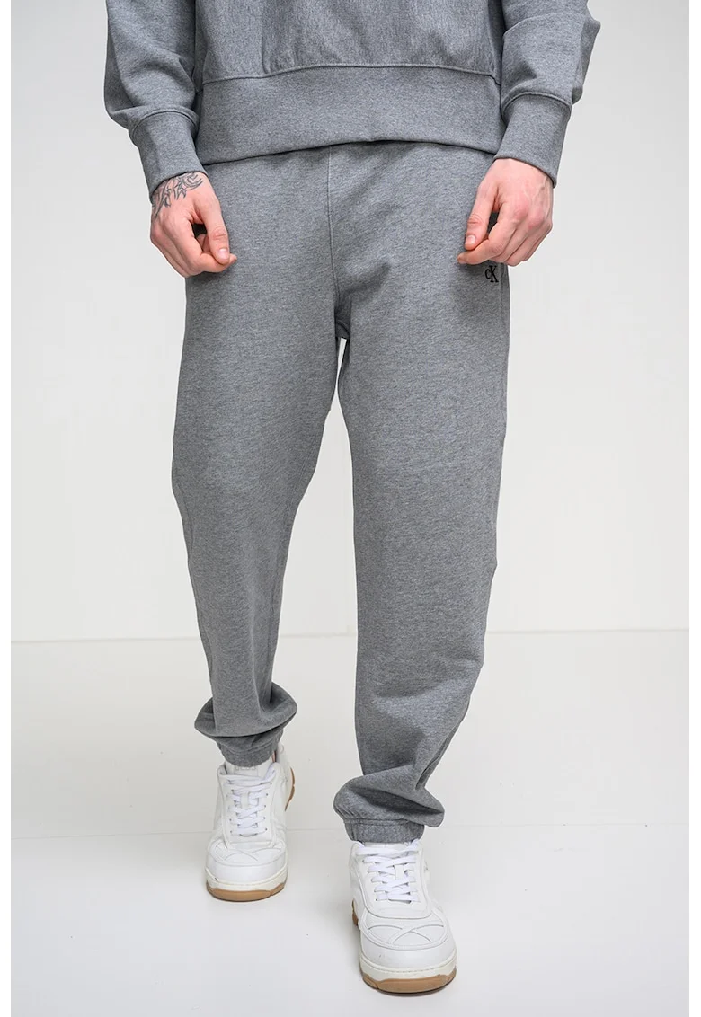 Pantaloni de trening relaxed fit cu terminatie elastica, Gri melange