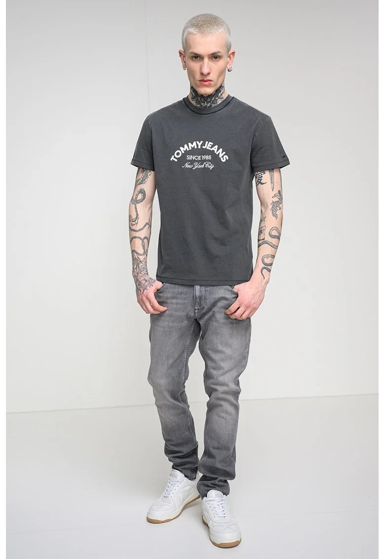 Tricou de bumbac cu decolteu la baza gatului, Negru stins