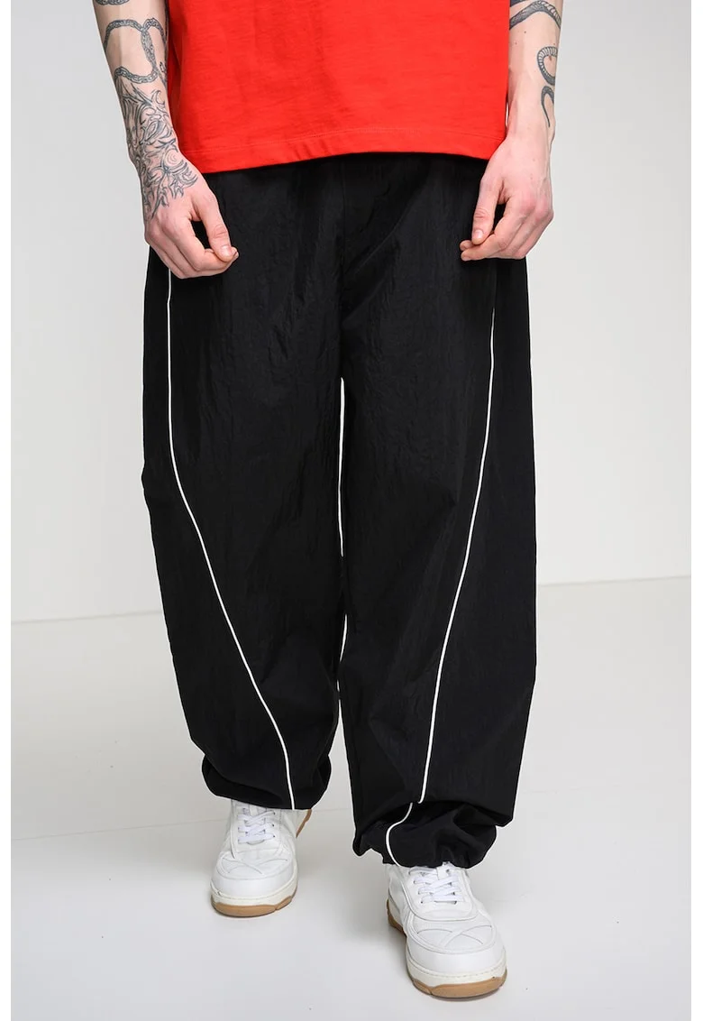 Pantaloni relaxed fit cu snur in talie, Alb/Negru