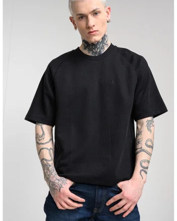 Tricou striat cu maneci raglan, Negru