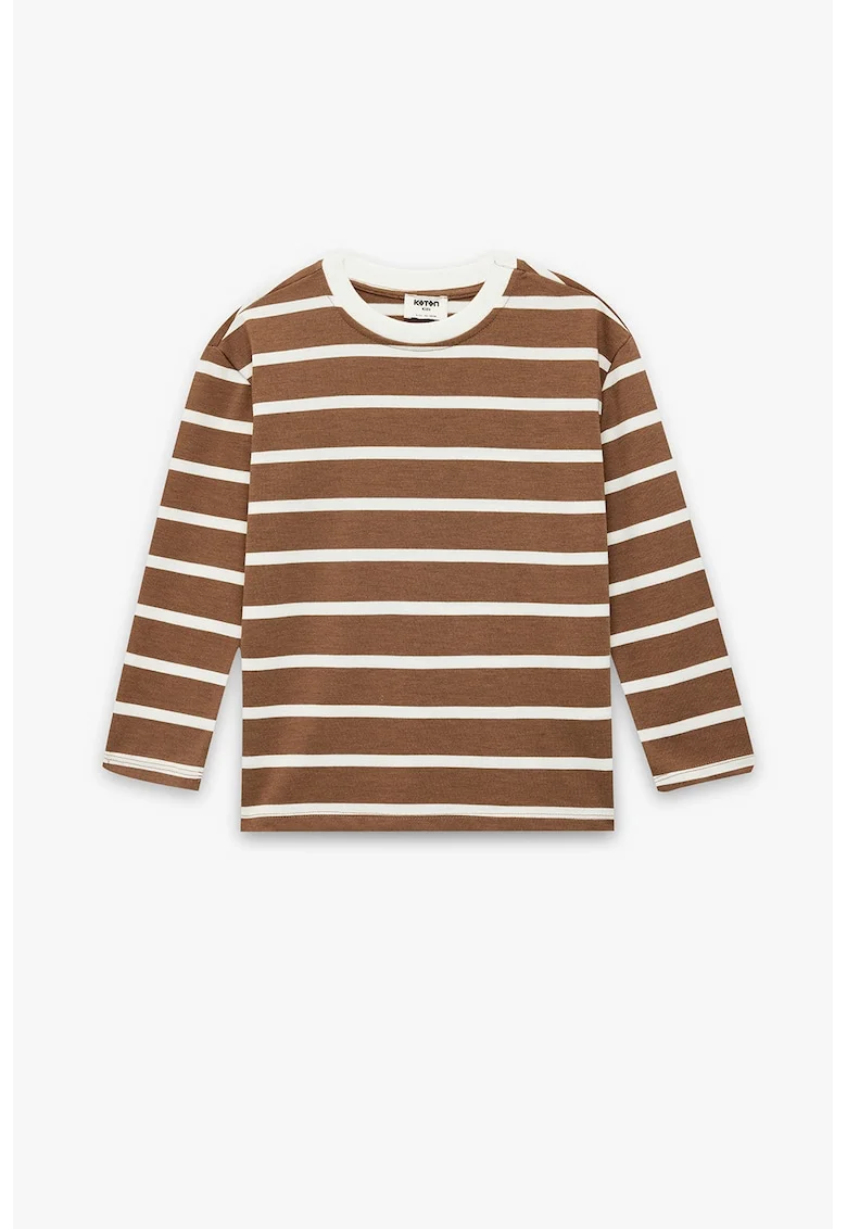 Bluza cu decolteu la baza gatului si dungi, Alb/Caramel