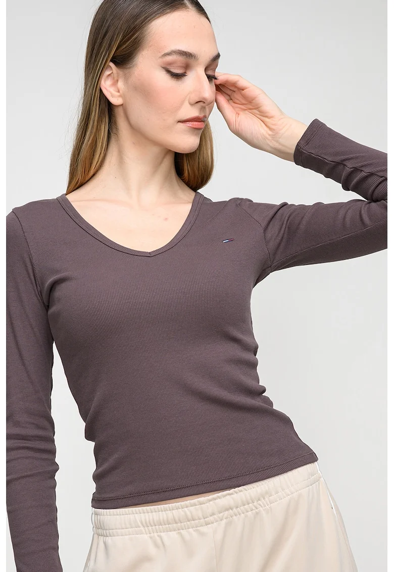 Bluza slim fit striata cu decolteu in V, Maro taupe