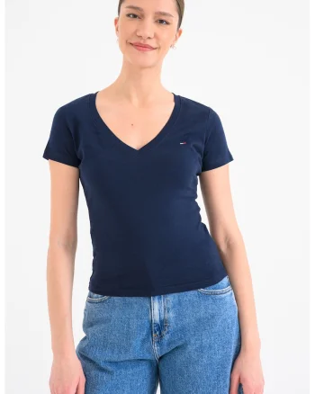 Tricou slim fit cu broderie logo discreta, Albastru indigo