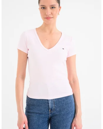 Tricou slim fit cu decolteu in V, Roz deschis