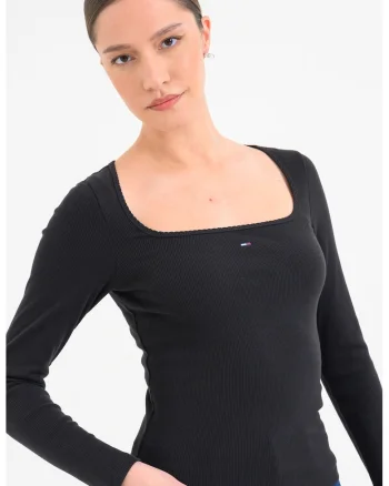 Bluza slim fit cu decolteu patrat, Negru