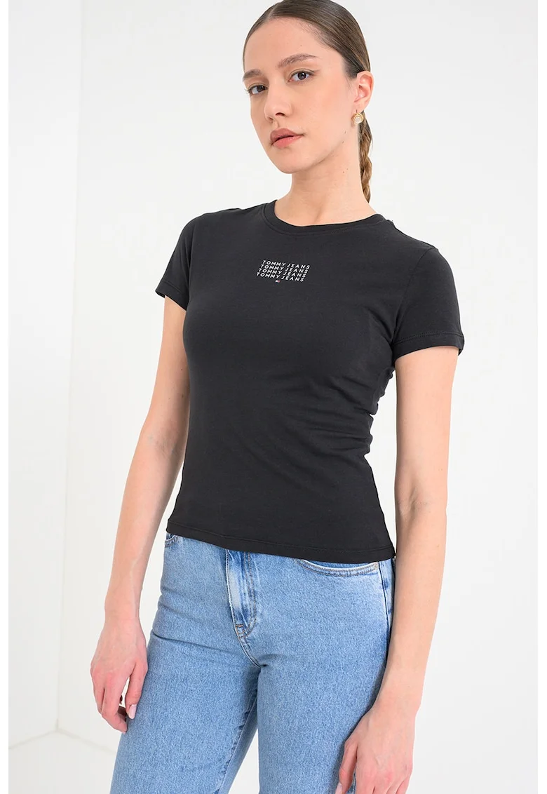 Tricou slim fit cu decolteu la baza gatului, Negru