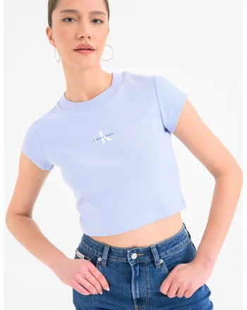 Tricou crop cu logo, Albastru deschis