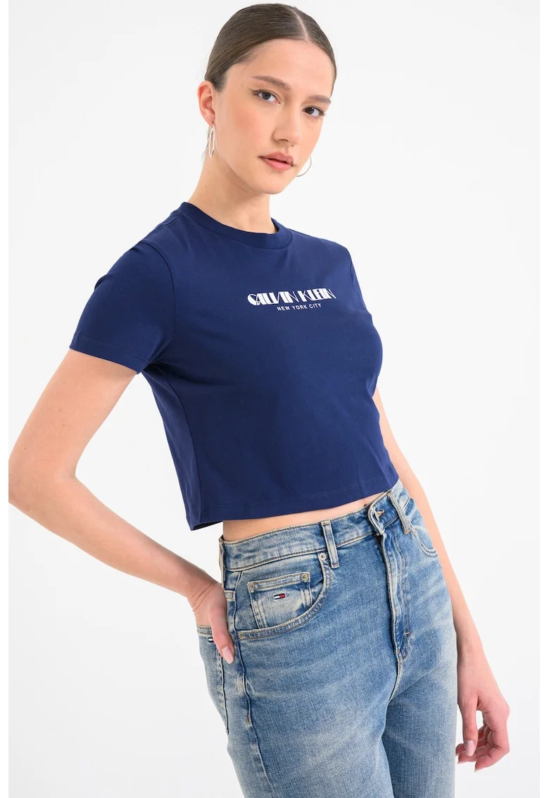 Tricou crop de bumbac cu imprimeu logo, Albastru indigo