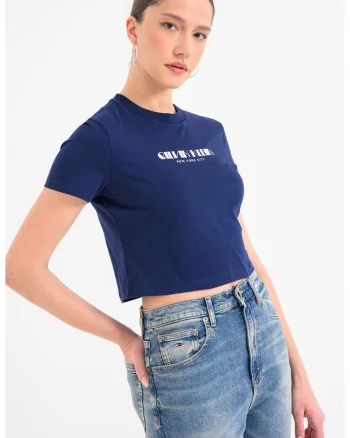 Tricou crop de bumbac cu imprimeu logo, Albastru indigo