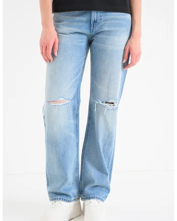 Pantaloni drepti cu aspect deteriorat, Albastru deschis