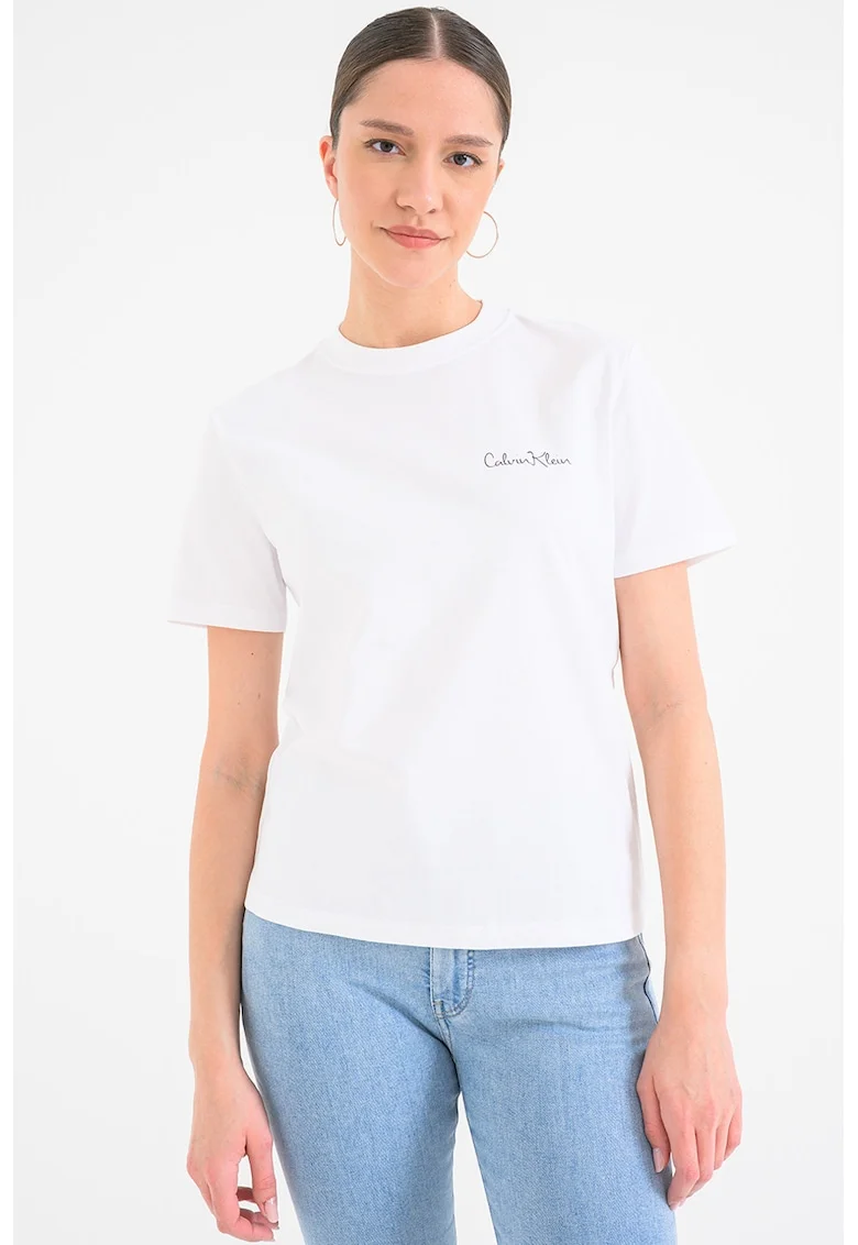 Tricou de bumbac cu decolteu la baza gatului, Alb optic