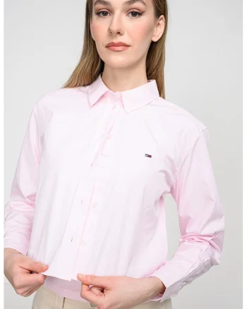 Camasa crop relaxed fit cu logo discret, Roz deschis