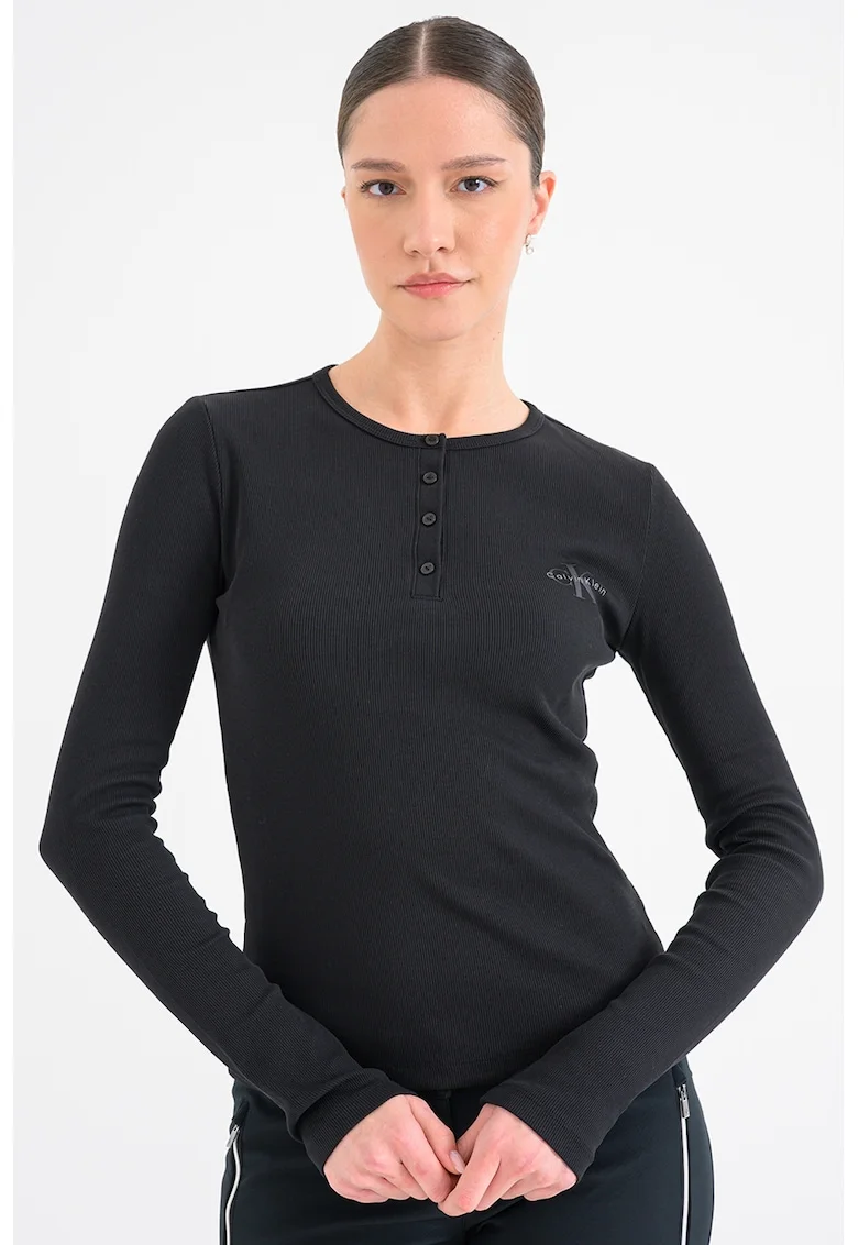 Bluza slim fit cu fenta cu nasturi, Negru