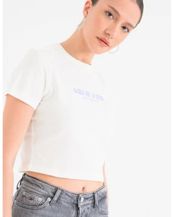 Tricou crop de bumbac cu imprimeu logo, Crem