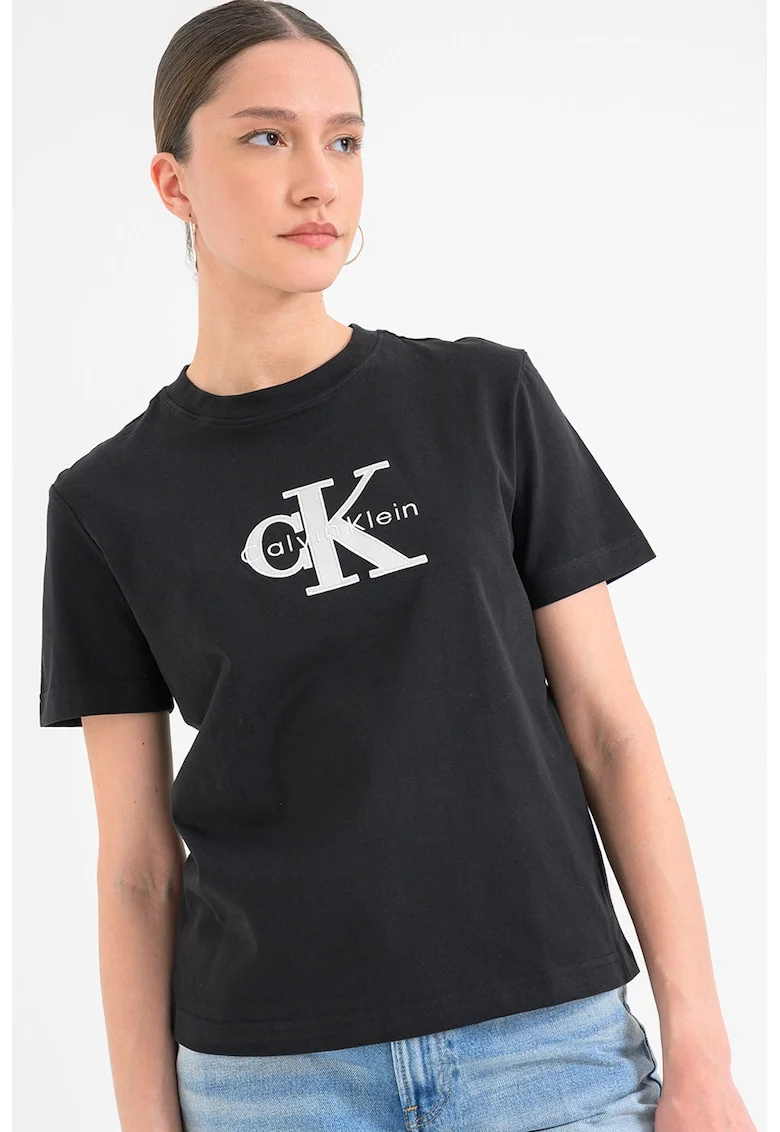 Tricou cu decolteu la baza gatului si imprimeu, Negru