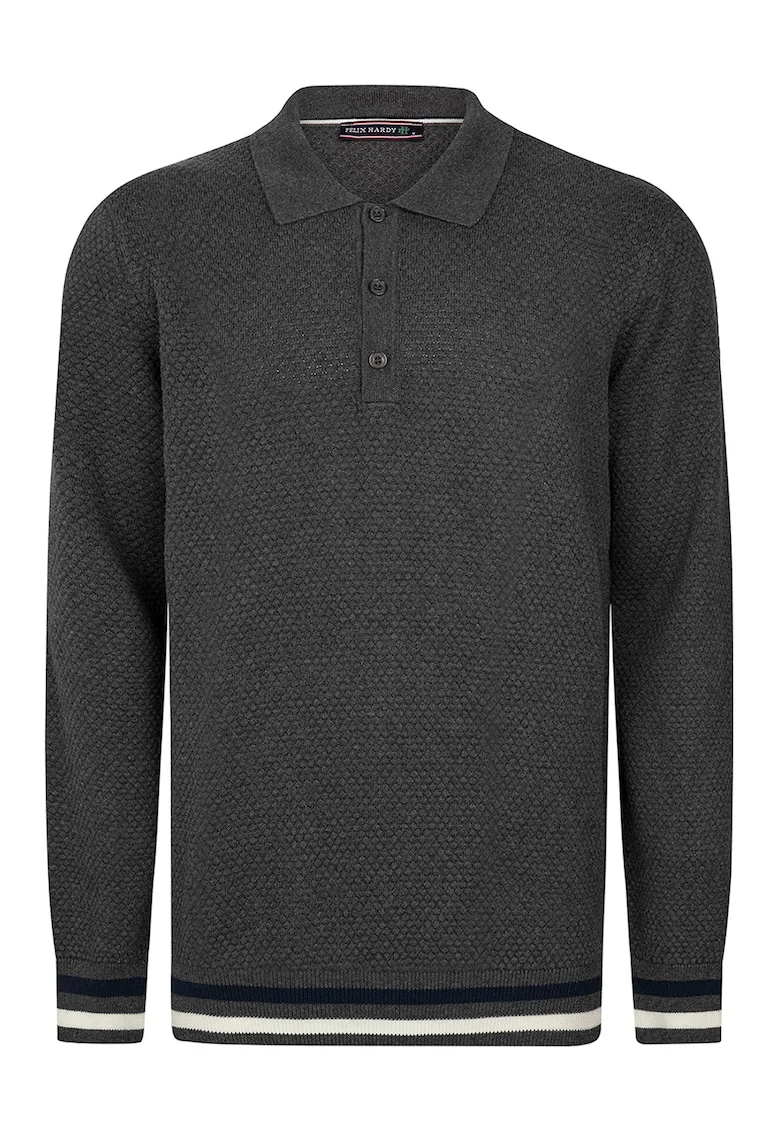 Pulover polo cu accente in dungi, Alb optic/Gri antracit