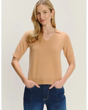 Pulover din amestec de lana cu maneci scurte, Maro camel