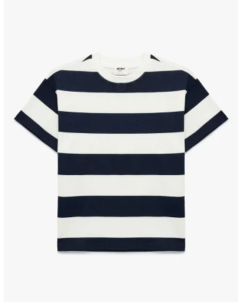 Tricou din bumbac cu dungi, Alb fildes/Albastru ultramarin
